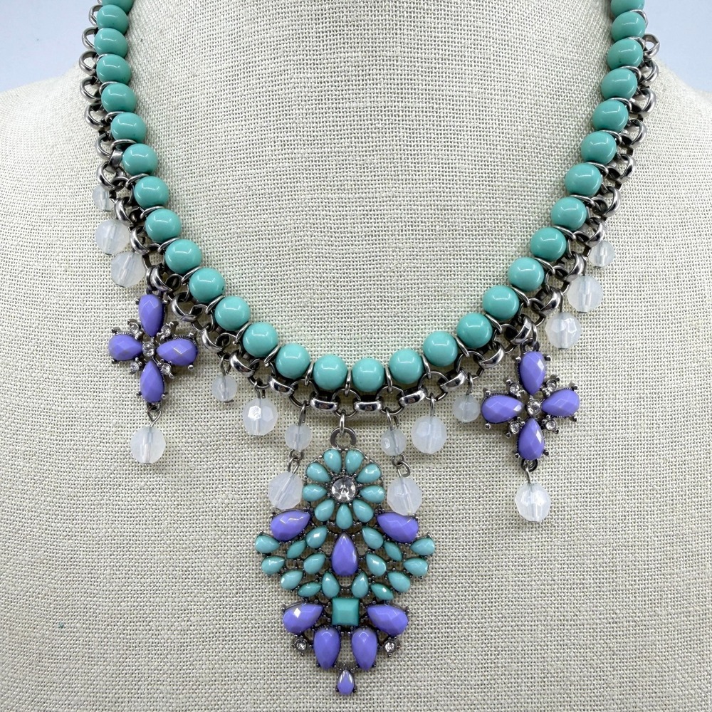 Statement Necklace Chunky Crystal Turquoise Tone Purple Floral Bib Layer Gift